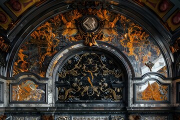 Obraz premium Lavish antique baroque, barocco ornate marble ceiling frame non linear reformation design. elaborate ceiling with intricate accents depicting classic elegance and architectural beauty