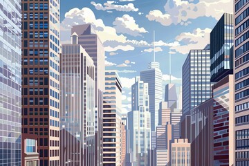Fototapeta premium A painting depicting a cityscape dominated by towering skyscrapers in an urban financial center. Generative AI