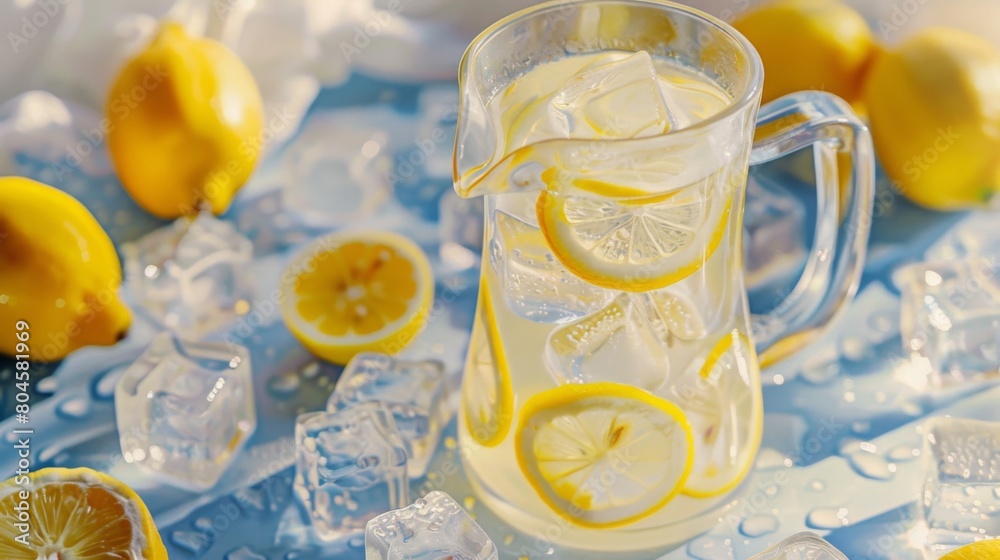 Aufkleber A refreshing pitcher of lemonade garnished with lemon slices and surrounded by ice cubes, a summer staple.