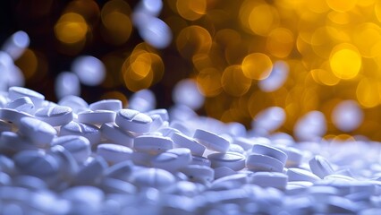 Naklejka premium Opioid epidemic symbolized by scattered prescription pills highlighting addiction crisis. Concept Health crisis, Prescription medication, Addiction awareness, Opioid abuse, Substance misuse,