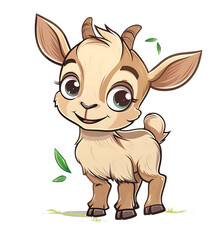 Cute baby goat, with big cute eyes and small horns, smiling and standing with leaves in the background