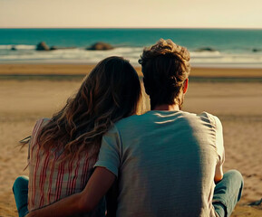 man and woman are sitting on the beach overlooking the sea. Generative AI,