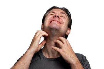 Man scratching his neck, portrait isolated on white background