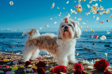Shih Tzu dog standing on bank of mountain lake in falling rose petals
