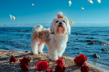 Shih Tzu dog standing on bank of mountain lake in falling rose petals
