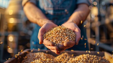 Brewer examining high-quality barley grains in the warm glow of sunlight
