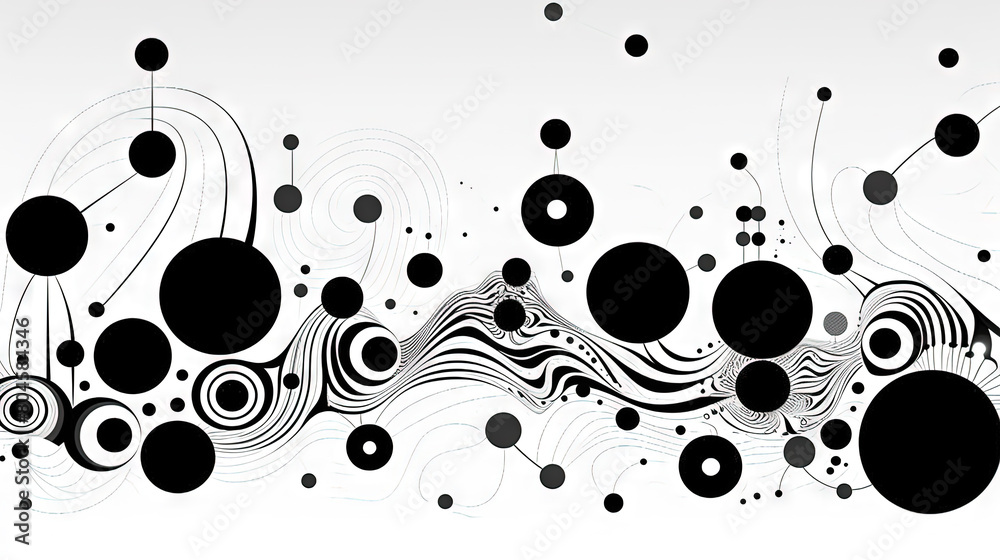 Poster geometric abstract background with black dots, circles and lines.