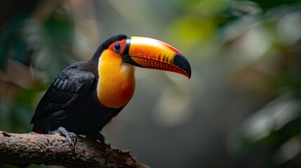 Fototapeta premium Colorful black toucan perched on forest branch with vibrant green leaves in natural habitat