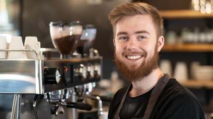 Smiling Barista at Coffee Machine