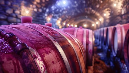 Barrels of wine fermenting in a winery cellar. Concept Winery, Barrels, Wine, Fermenting, Cellar - obrazy, fototapety, plakaty