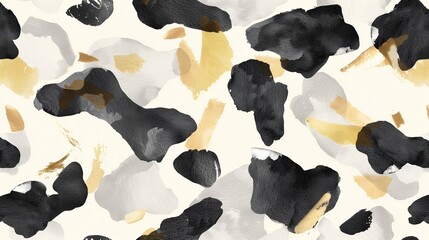 A pattern with watercolor abstract cow spots in charcoal gray, beige, and gold leaf.