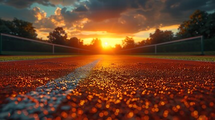 A tennis court with a sunset, representing the end of a successful match.
