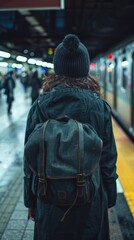 A person with a backpack standing in front of subway train, AI