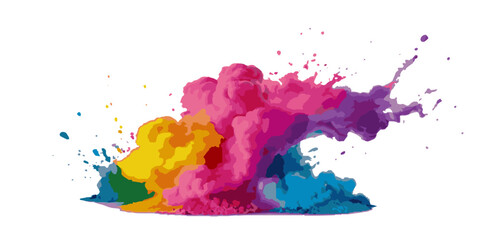 Vector watercolor rainbow multicolor splatter design background. Multicolored rainbow explosion of cloud powder paint holi decoration isolated on transparent background.