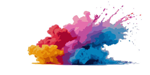 Vector watercolor rainbow multicolor splatter design background. Multicolored rainbow explosion of cloud powder paint holi decoration isolated on transparent background.