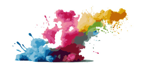Vector watercolor rainbow multicolor splatter design background. Multicolored rainbow explosion of cloud powder paint holi decoration isolated on transparent background.