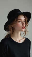 A woman with a hat on and long hair posing, AI