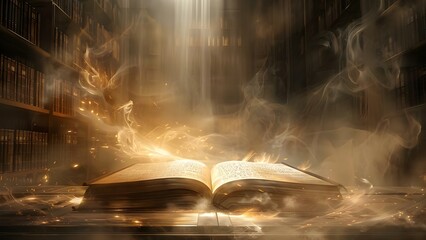 Ancient spellbook discovered in a dusty library, holding arcane incantations from a bygone era. Concept Ancient Spellbook, Dusty Library, Arcane Incantations, Bygone Era