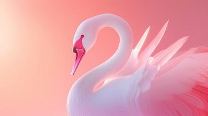   A tight shot of a pristine white swan against a backdrop of soft pink, featuring an individual in its midst