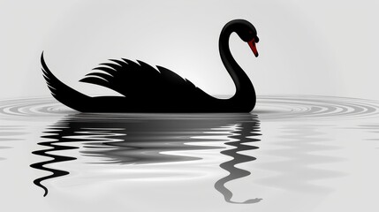   A black swan with its head tilted, mirrored in the still water