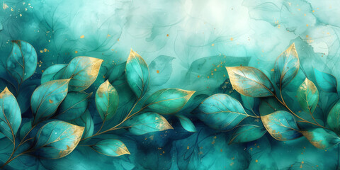 Turquoise watercolor background with leaves and golden glitter. 