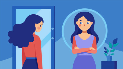 Obraz premium A girl stands in front of a mirror her expression weary as she talks to her reflection addressing her alternate identities and trying to find peace. Vector illustration