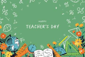 A vibrant and colorful illustration of a teacher's day vcelebration. Dominating the background is a soft hue, punctuated with white doodles of mathematical symbols, such as percentages and equations. 