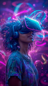 A Young Woman's Journey into a Vibrant Virtual Cosmos Illuminated by Neon Graphics and Sound Waves