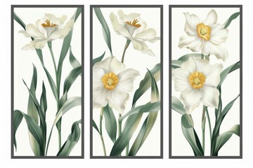 botanical drawing of azahar flowers triptych wall art decoration 3d illustration - obrazy, fototapety, plakaty