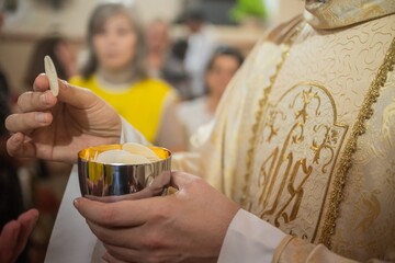 The holy host in the Eucharistic celebration in the Catholic Church.
