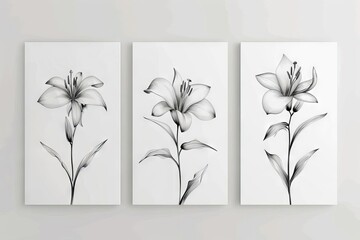 botanical drawing of azahar flowers triptych wall art decoration 3d illustration - obrazy, fototapety, plakaty