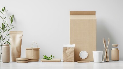An eco-friendly packaging setup with natural materials and minimalist design.