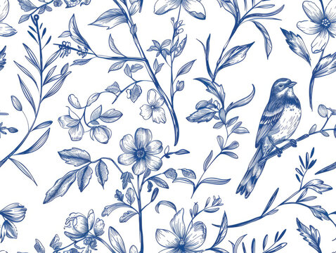 Blue and white watercolor seamless pattern. Vintage floral foliage
 - Powered by Adobe