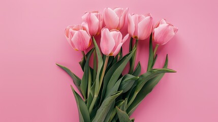 A top down view of a lovely bunch of soft pink tulips set against a pink backdrop leaving room for text
