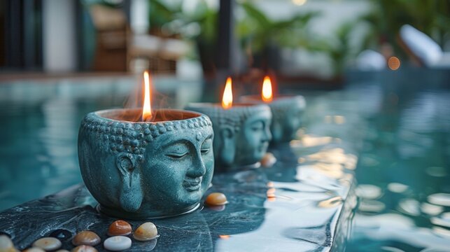 Immerse yourself in the sublime beauty of a wellness concept that combines the serenity of a Buddha statue with the calming presence of burning candles, creating an oasis of tranquility