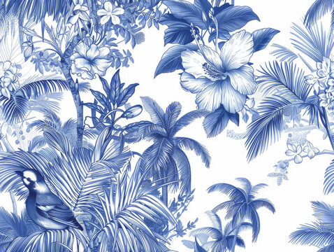 Blue and white watercolor seamless pattern. Vintage floral foliage
