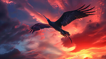 Against a vivid sky, a magnificent frigatebird soars with wings outstretched, a symbol of freedom.