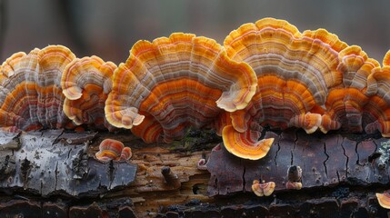 Transport viewers to a world of natural wonder with an image of fungus thriving on the bark of a tree, its intricate patterns and vibrant colors creating a mesmerizing tapestry of life within