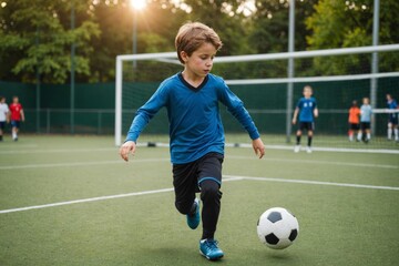 Obraz premium Boy playing soccer on public court