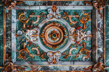 Obraz premium Lavish antique baroque, barocco ornate marble ceiling non linear reformation design. elaborate ceiling with intricate accents depicting classic elegance and architectural beauty