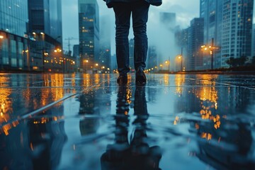 An individual's rainy reflection as they walk through a city street lights gently illuminating the scene