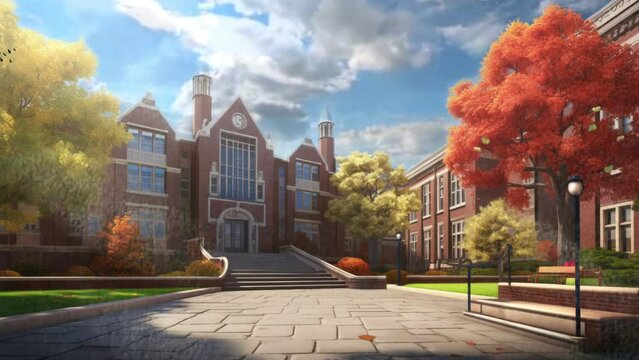 building school view background with anime or cartoon style. seamless looping time-lapse virtual video animation background.	