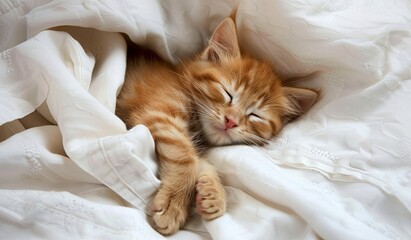 Small orange kitten sleeping on white blanket