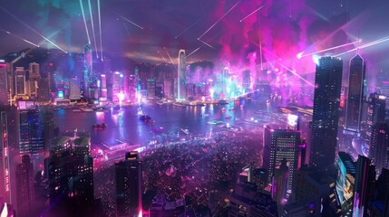 A bustling futuristic city at night with bright lights illuminating the skyline, showcasing a modern metropolis teeming with activity and energy.