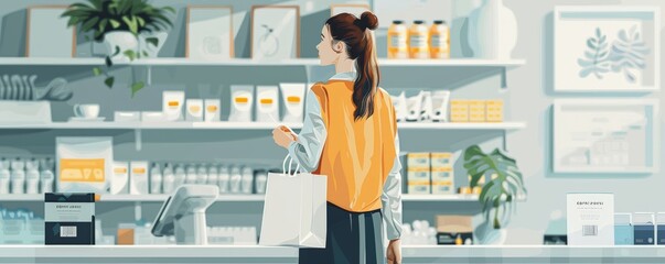 A contemporary scene featuring a woman supporting local businesses, browsing and shopping with a paper bag in a friendly neighborhood store.