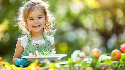 A cute girl in a green apron and blue gloves is washing dishes at home, smiling. The concept of children helping around the house as a family activity.
