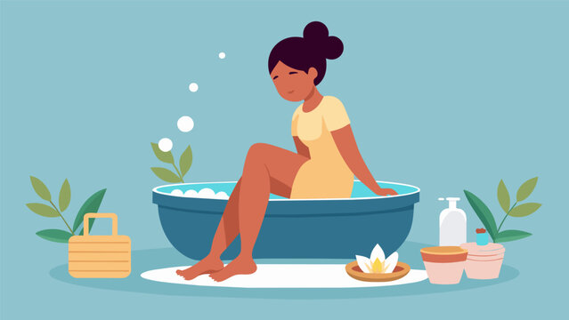 A woman soaking her feet in a DIY foot bath made of warm water Epsom salts and essential oils to relax and rejuvenate after a long day..