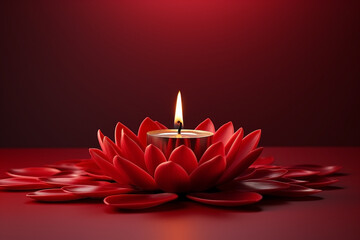 Happy Diwali. Diya oil lamps on red background.  Greetings Card Design, Copy space, banner format