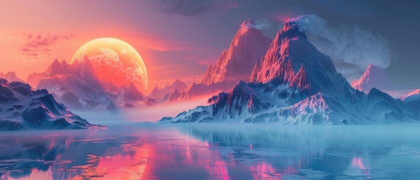 A beautiful landscape with a large pink moon rising over snow-capped mountains and a frozen lake in the foreground.