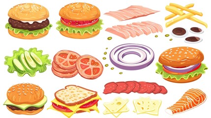 Fototapeta na wymiar Assorted fast food items - illustration of hamburgers, side dishes and snacks